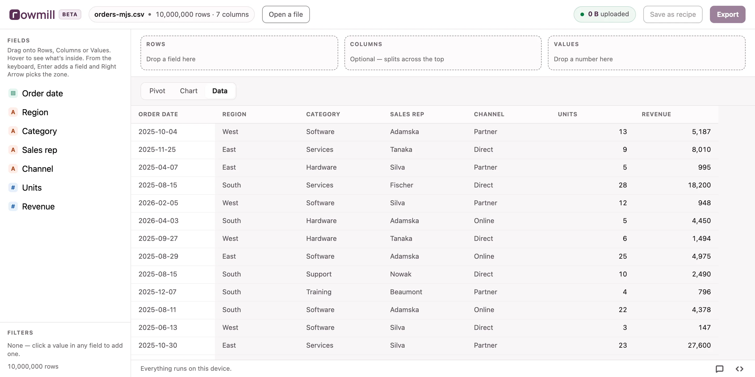 Rowmill just after ingest — 10,000,000 rows, every field listed, nothing uploaded
